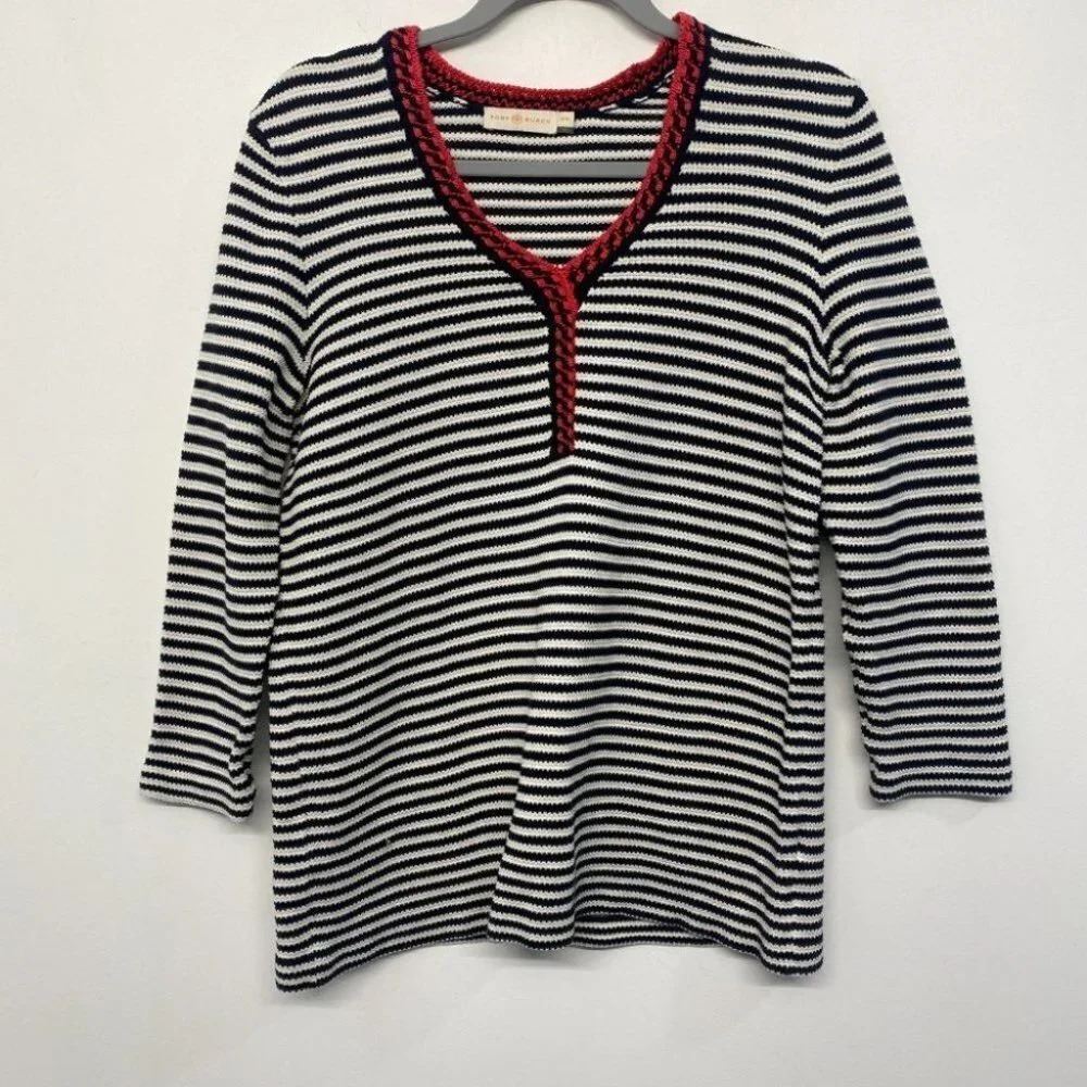 Tory‎ Burch Black White Striped Knit Sweater Blouse Size M